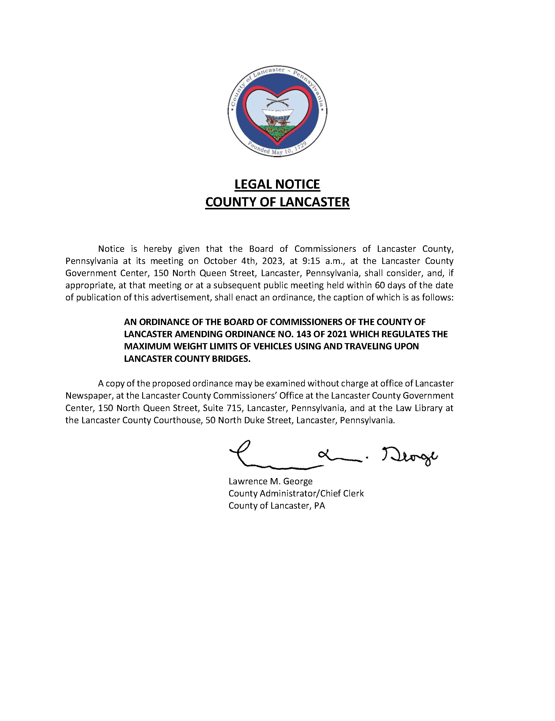 Amendment Ordinance No. 148 max weight on bridges