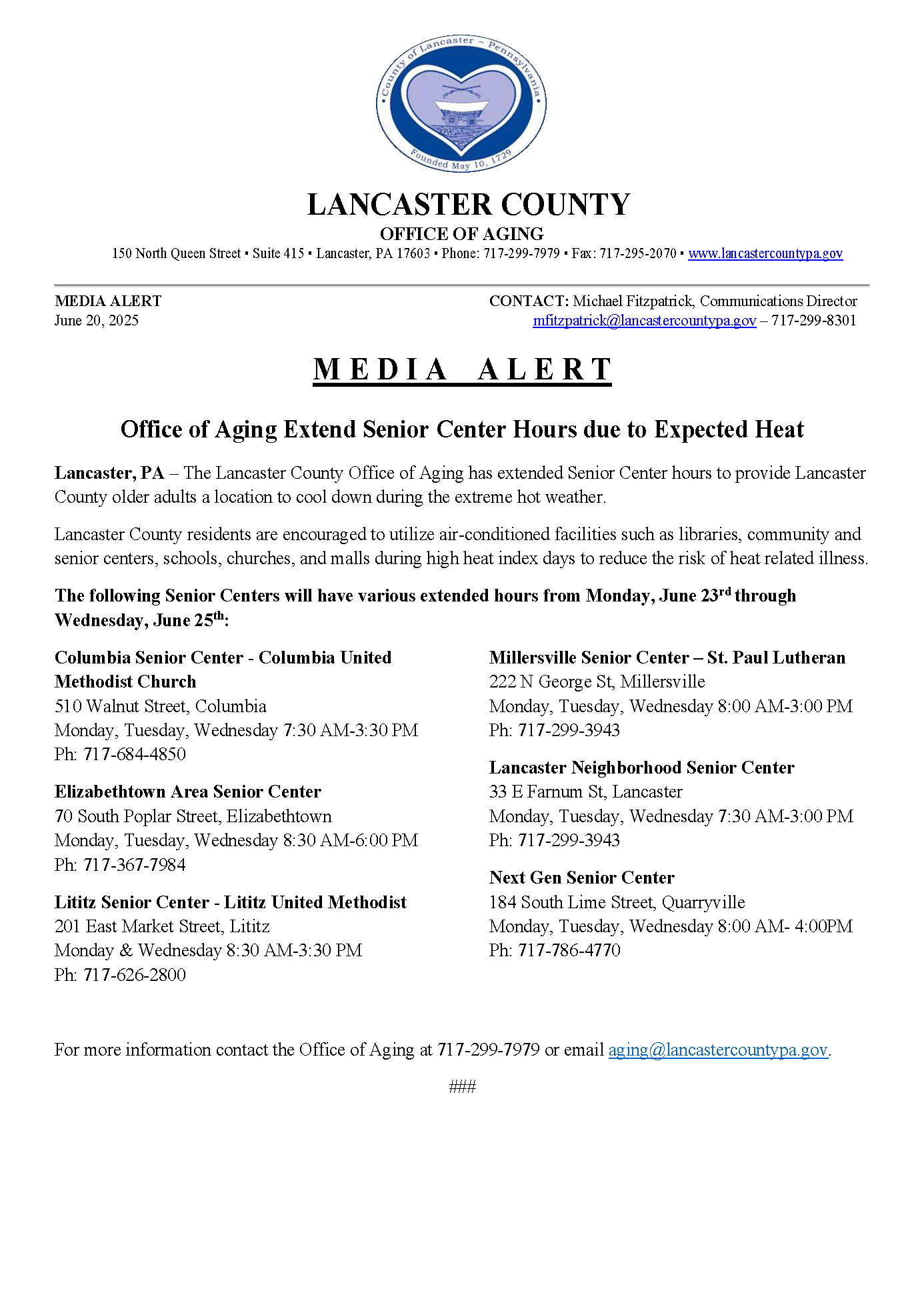 Media Alert - Extended Senior Center Hours - June 2025