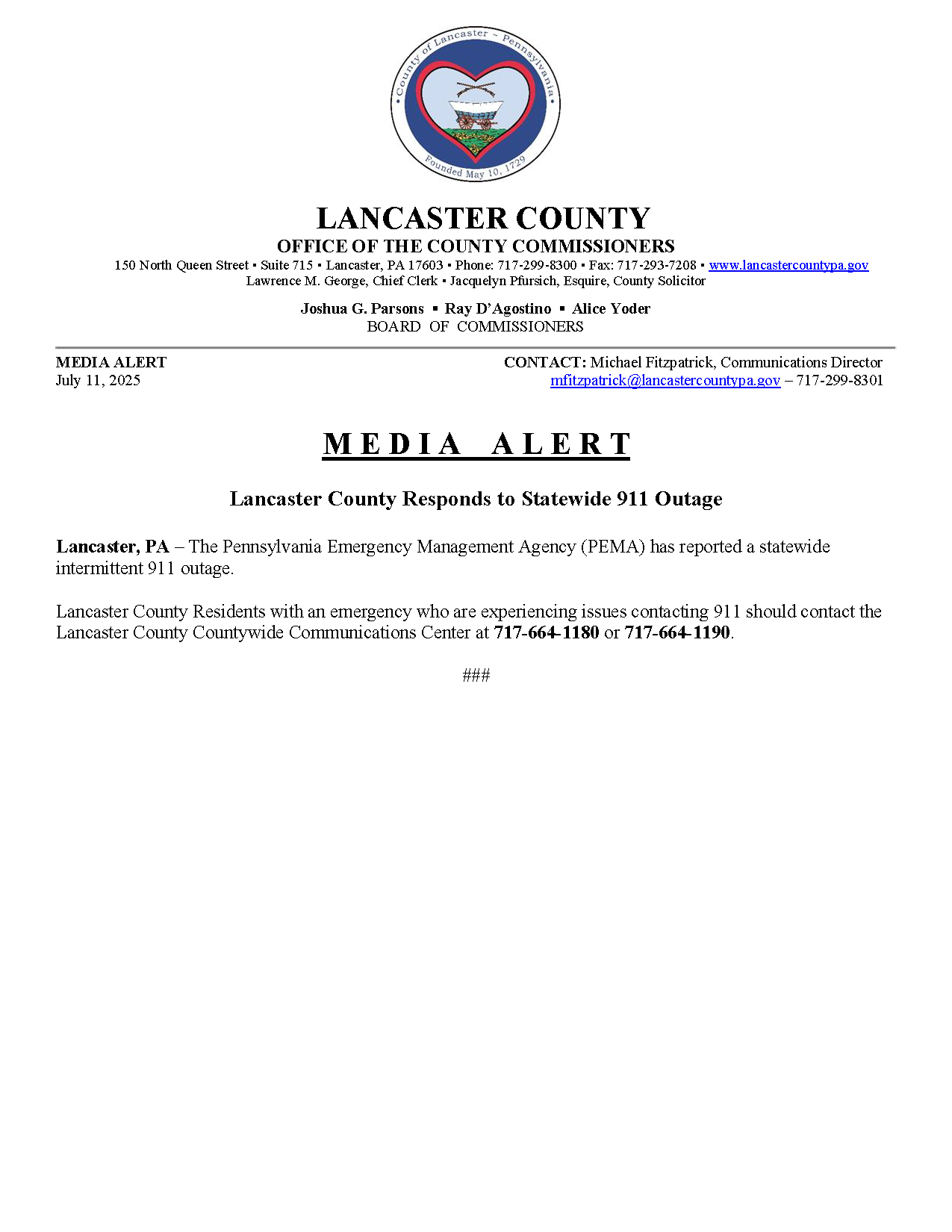 Media Alert - Statewide 911 Outage